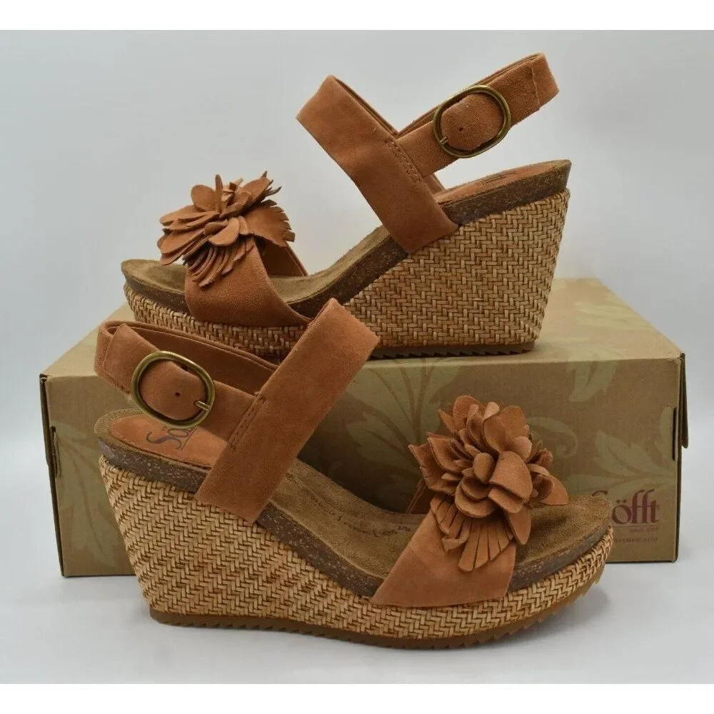 Sofft‎ Womens Size 11 Cali Ginger Tan Suede Wedge Open Toe Floral Sandals Shoes